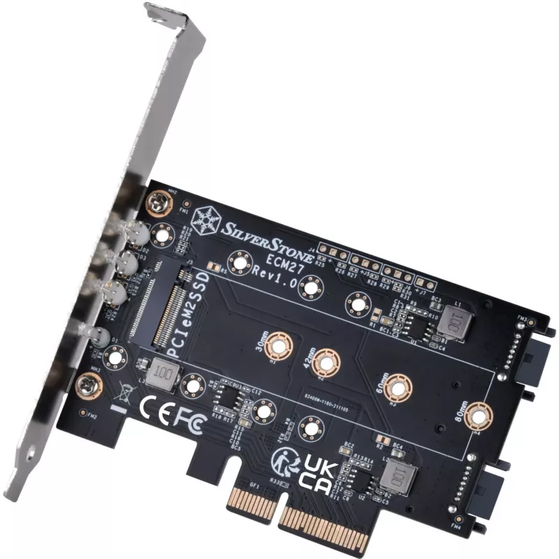 Silverstone SST-ECM27 M.2/SATA adapterio kortelė, PCIe 4.0, 1x M-Key, 2x SATA 6G - žemo profilio