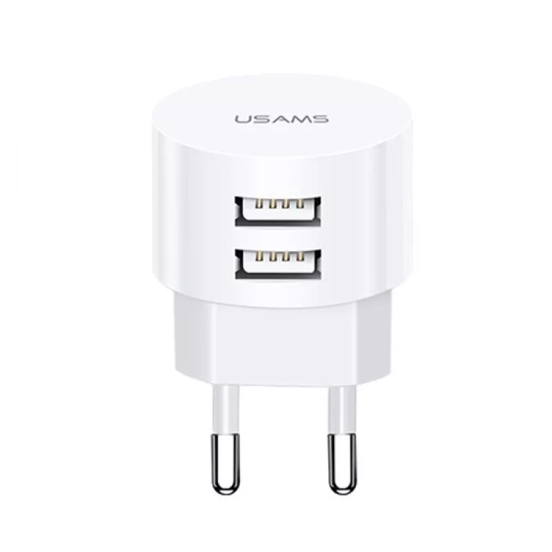 USAMS US-CC080 T20 dvigubas USB apvalus kelioninis įkroviklis, 10,5 W, baltas