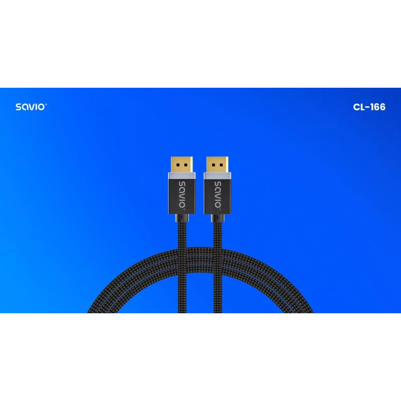 DisplayPort laidas SAVIO CL-166 2 m Juodas — DisplayPort 1.4, kištukas-kištukas, paauksuoti kontaktai