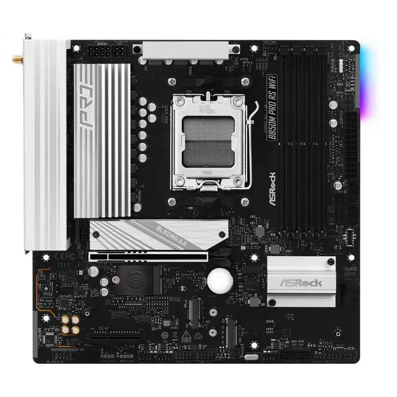 ASRock B850M Pro RS WiFi pagrindinė plokštė — AMD B850, Socket AM5, microATX, DDR5, 4 DIMM, 256GB, Wi‑Fi 6E, 2.5Gb LAN, 3x M.2