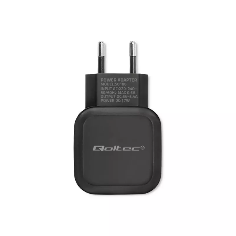 Vidaus kroviklis QOLTEC 50186 išmaniesiems telefonams ir planšetėms, 5 V 3,4 A, 17 W, 2× USB, juodas