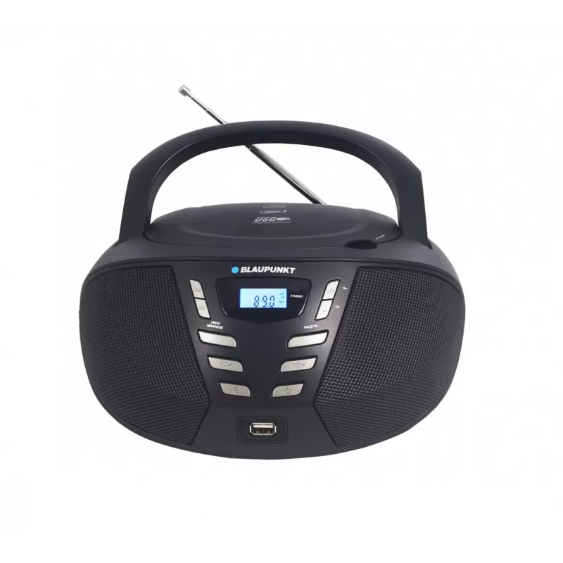 Nešiojamas CD grotuvas Blaupunkt BB7BK — MP3, FM radijas, USB, AUX, maitinamas baterijomis, 2 įmontuoti garsiakalbiai, 240×230×128 mm