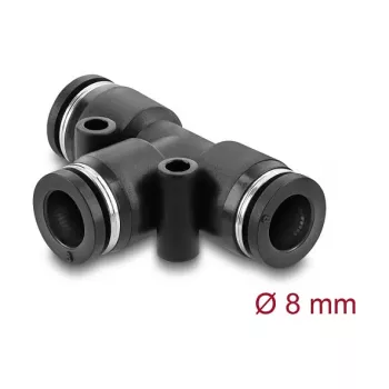 Pneumatinė T formos jungtis DELOCK 8 mm, vidinis sriegis, metalo / plastiko korpusas, 46 mm, dvi tvirtinimo angos