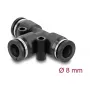 Pneumatinė T formos jungtis DELOCK 8 mm, vidinis sriegis, metalo / plastiko korpusas, 46 mm, dvi tvirtinimo angos