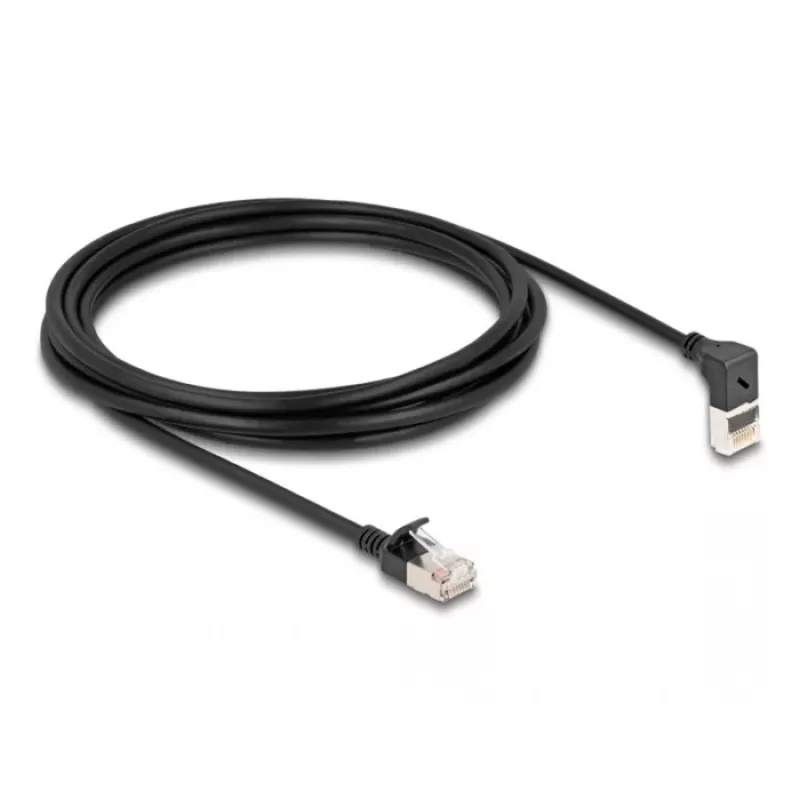 Tinklo kabelis DeLOCK RJ45 Cat.6A S/FTP plonas 90° 3 m juodas
