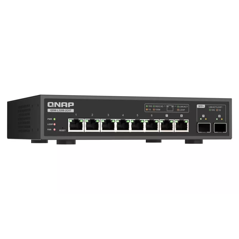 QNAP QSW-L3208-2C6T tinklo komutatorius Valdomas L2 10G Ethernet (100/1000/10000) Staliniams kompiuteriams Juodas