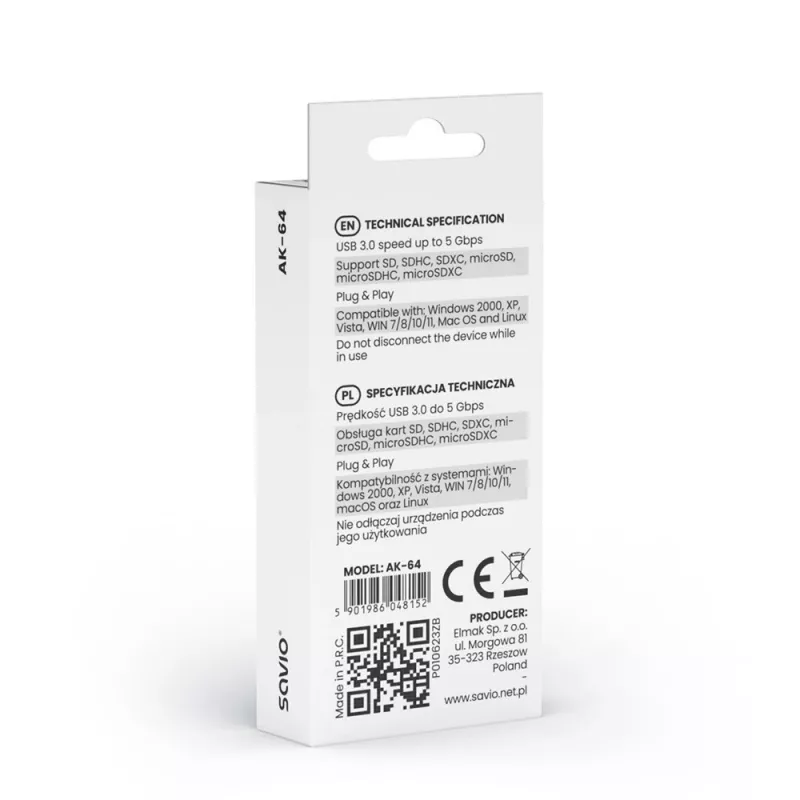 Kortelių skaitytuvas SAVIO AK-64 USB 3.2 Gen 1 Type-A išvestis, MicroSD lizdas, 5000 Mbit/s, juoda