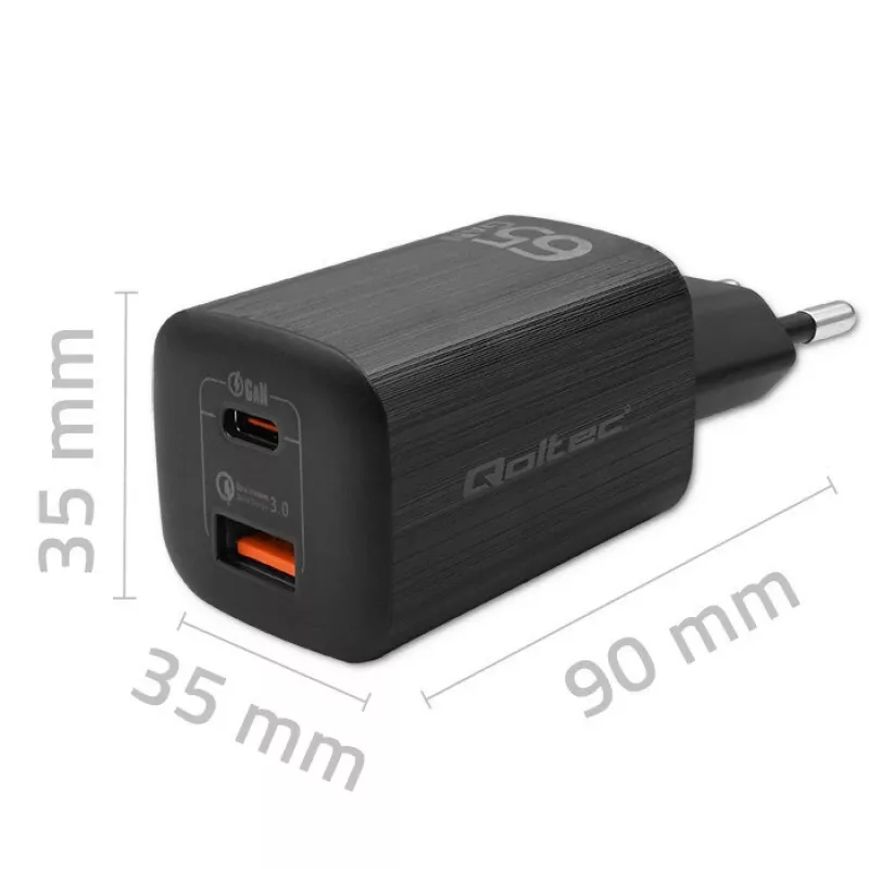 Qoltec 50766 mobiliojo įrenginio įkroviklis Nešiojamam kompiuteriui, Nešiojamai žaidimų konsolei, Power bank, Išmaniajam telefonui, Išmaniajam laikrodžiui, Planšetei Juodas AC Greitas įkrovimas Vidaus naudojimui