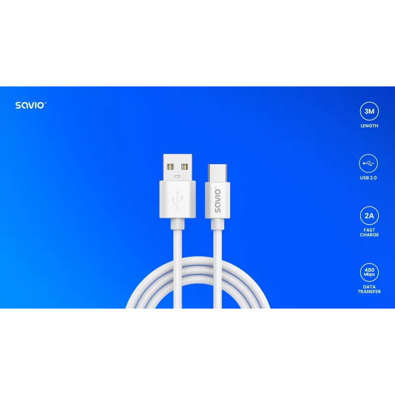 USB 2.0 laidas SAVIO CL-168, USB A (kištukas) į USB C (kištukas), 3 m, baltas