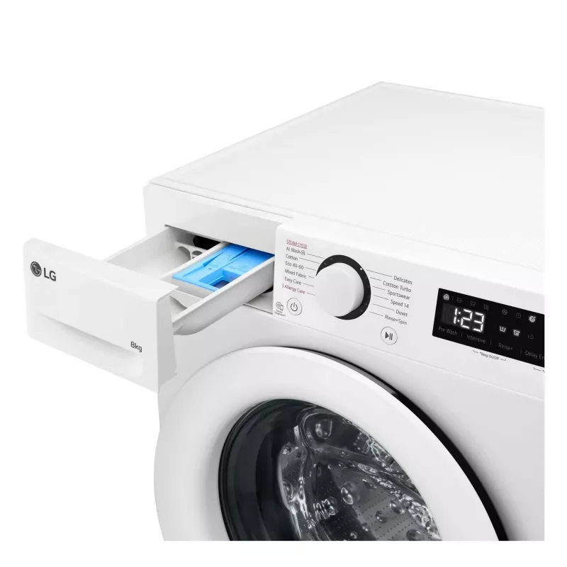 LG | Skalbimo mašina | F2WR508SWW | Energijos efektyvumo klasė A-10% | Įkraunama iš priekio | Skalbimo talpa 8 kg | 1200 aps./min | Gylis 47,5 cm | Plotis 60 cm | Ekranas | LED | Garo funkcija