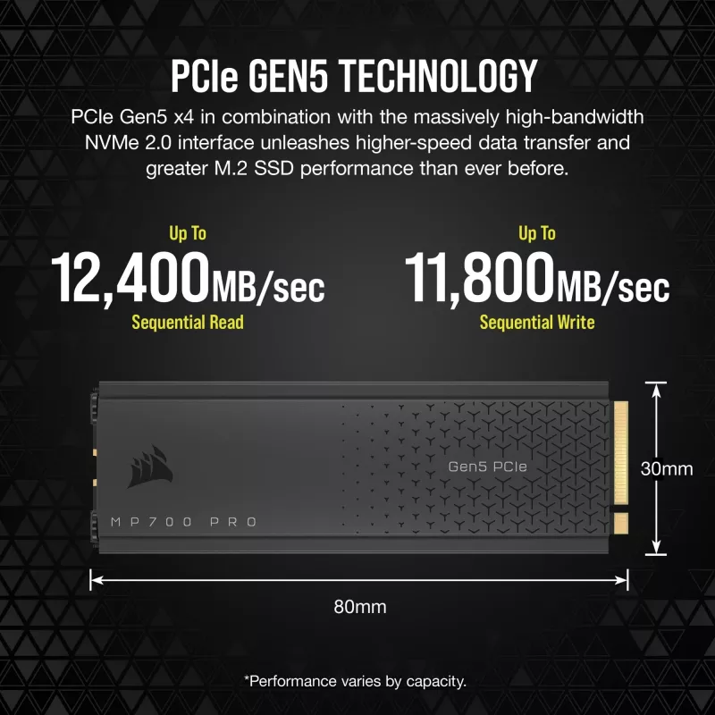 CORSAIR MP700 PRO - SSD - 1TB - vidinis - M.2 2280 - PCI Express 5,0 x4 (NVMe) - 256-Bit-AES (CSSD-F1000GBMP700PRO)