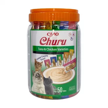 Šlapi kačių skanėstai INABA Churu Varieties — vištiena ir tunas, 50 x 14 g pastos tūbelių, be grūdų, be glitimo ir be cukraus