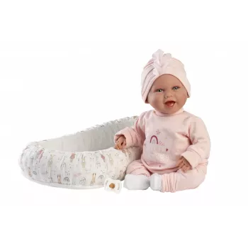 Baby doll Llorens Mimi Baby 42 cm — tikroviškas veidas, juokiasi, minkštas kūnas