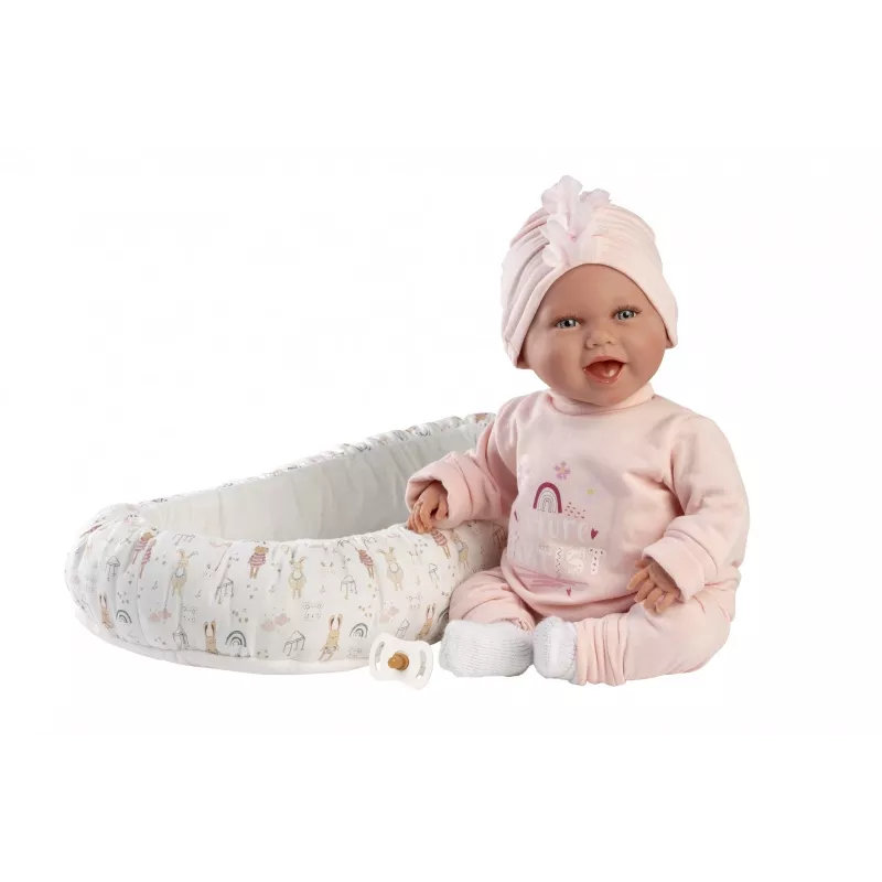 Baby doll Llorens Mimi Baby 42 cm — tikroviškas veidas, juokiasi, minkštas kūnas