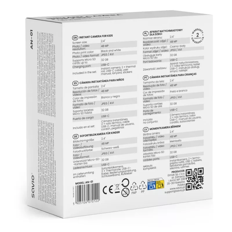 Momentinio spausdinimo fotoaparatas vaikams SAVIO AN-01, baltas, 2,4 colio LCD, MicroSDHC iki 32 GB, USB-C, 1200 mAh baterija, be integruotos blykstės