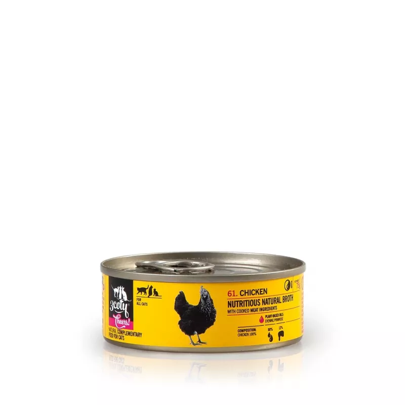 Šlapias kačių maistas 3coty Chicken Cheers 75 g — visavertis suaugusių kačių šlapias maistas, vienos porcijos pakelis, 12 % baltymų, 7,5 % riebalų, 80 % drėgmės