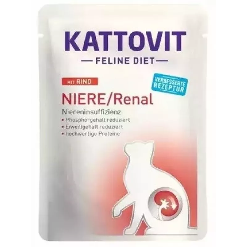 Šlapias kačių maistas KATTOVIT Niere/Renal 85 g paketėlis — 12 x 85 g, paukštiena (jautiena, vištiena, antis, kalakutiena) suaugusioms katėms, turinčioms inkstų nepakankamumą