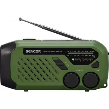 Nešiojamasis FM/AM radijas SENCOR SRD1000SCLGR su Bluetooth, įkrovimas saulės energija/rankine dinama/USB-C, 2000mAh baterija, IPX4, LED lemputės