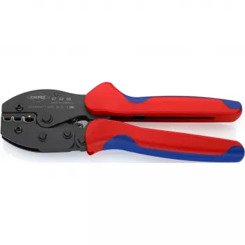 Užspaudimo įrankis Knipex PreciForce modelis 975236 SB — izoliuotos rankenos juodos, mėlynos ir raudonos spalvos