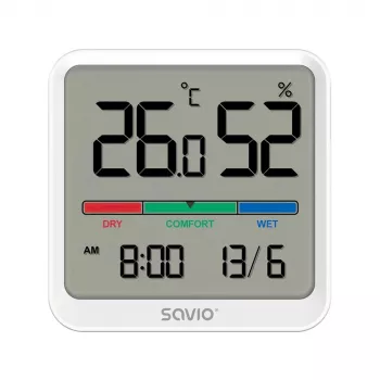 Patalpų temperatūros ir drėgmės jutiklis SAVIO CT-01/W, LCD ekranas, -10–55°C, 10–99%RH, baterija CR2032