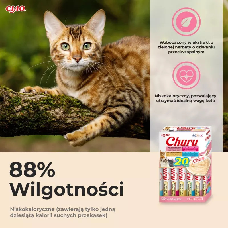 Šlapi kačių skanėstai INABA Churu Variety Box Seafood — 20 x 14 g tūbelės, žuvies pasta, be grūdų, be cukraus ir be glitimo