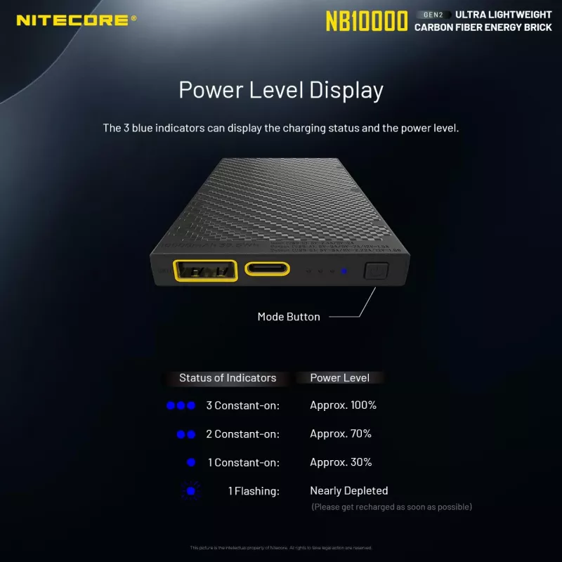 Portable Power Bank Nitecore NB10000 — 10000 mAh, USB‑A + USB‑C, 38W total output, Pilka