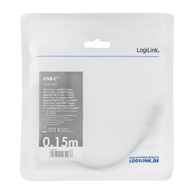LogiLink CUA0103 USB 3.2 Gen1 Type-C į HDMI-A kabelis 0,15 m juodas pilkas