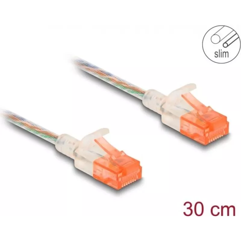 Tinklo kabelis DeLOCK RJ45 Cat.6A U/UTP plonas 0.3m permatomas