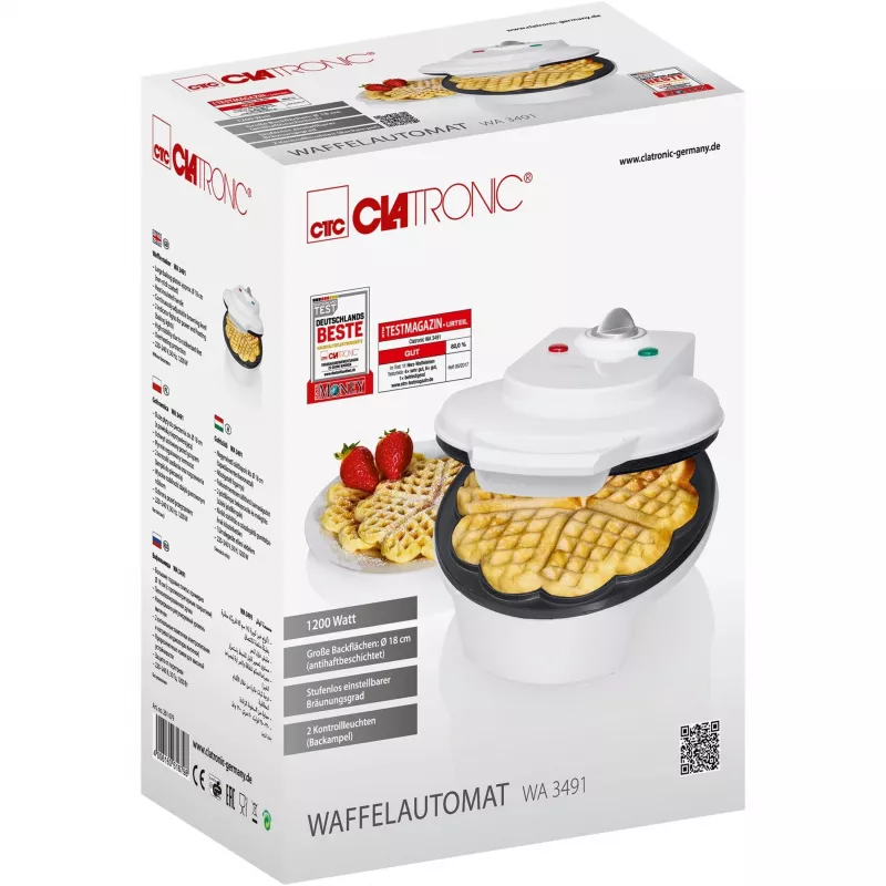 Vaflinė CLATRONIC WA 3491 — 5 širdelės formos vafliai, 1200 W, 18 cm kepimo paviršius, reguliuojamas termostatas, neprideganti danga, balta