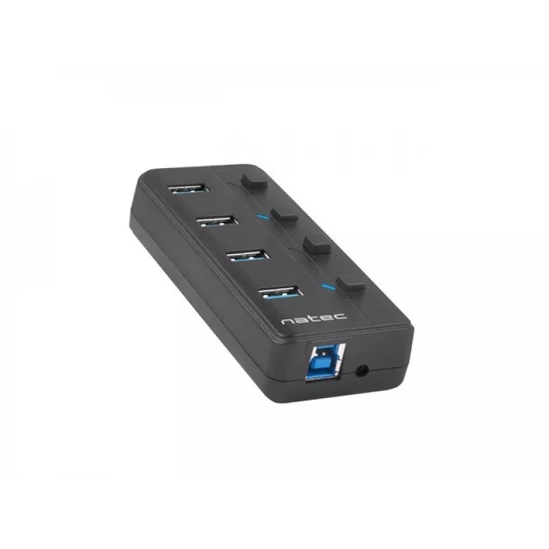 USB šakotuvas NATEC MANTIS USB 2.0 Type-B — 4x USB 3.2 Gen 1 Type-A prievadai, juodas, 0.8 m laidas, kintamosios srovės adapteris, maitinimo jungiklis