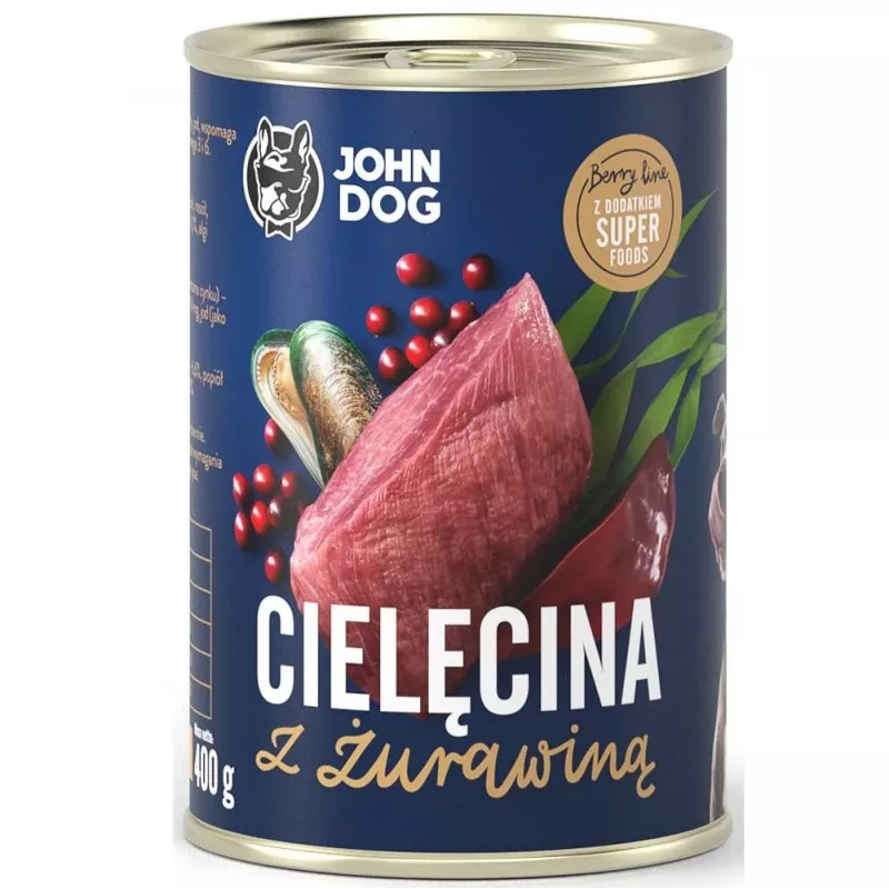 Šlapias šunų maistas john dog BERRY Adult veršiena su spanguolėmis 800 g — monoproteininis, visavertis pašaras, skardinė