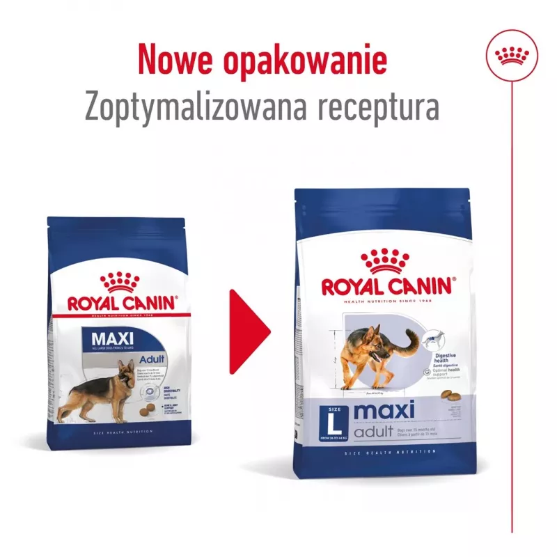 Sausas šunų maistas Royal Canin Maxi Adult 15 kg — Vištiena, 26% baltymų, 17% riebalų, virškinimo palaikymas