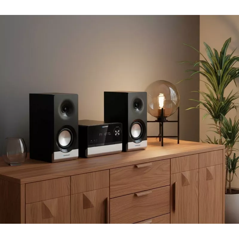 Namų garso mikrosistema BLAUPUNKT MS40.2BT — 2×50 W RMS, Bluetooth, CD, USB, HDMI ARC, optinis įėjimas, LED ekranas (juoda)