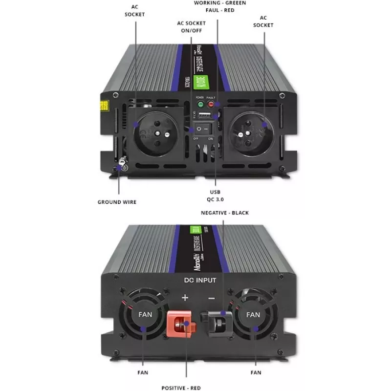 Galios keitiklis QOLTEC Monolith 3000 MS Wave, 12 V → 230 V, 1500/3000 W, su USB
