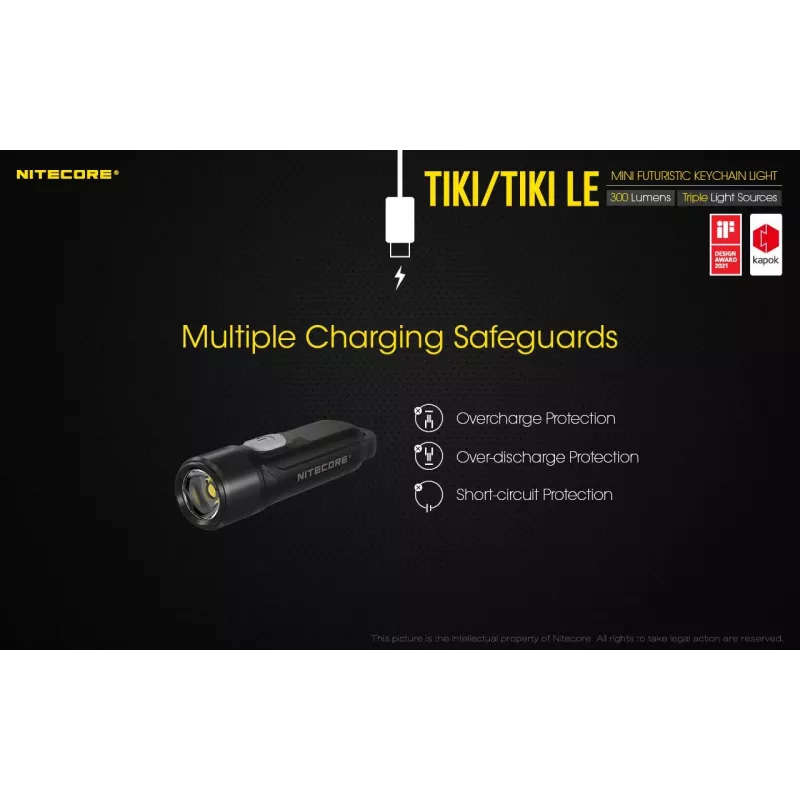 Rankinis žibintuvėlis Nitecore TIKI LE — 300 lm, USB-įkraunamas, polikarbonatas, IP66, atsparus smūgiams, 10,5 g, 55 mm, juodas