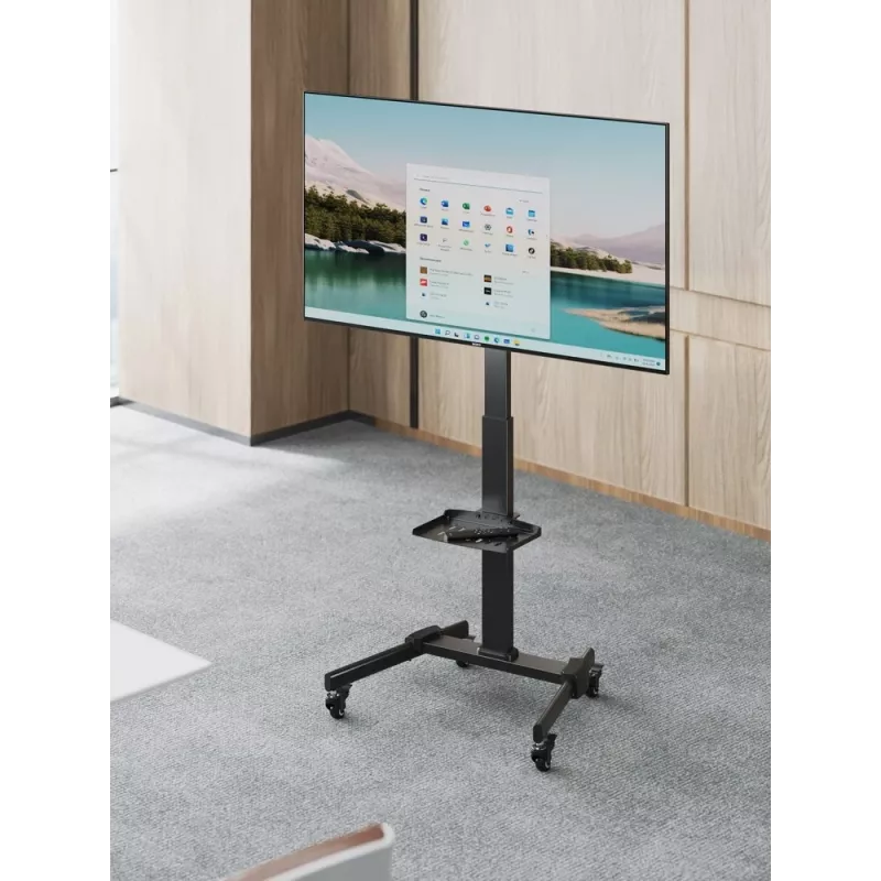 TV stovas GEMBIRD TVS-55T-01 32–55 colių televizoriams, plieninis, aukščio reguliavimas VESA 100x100–400x400, pakreipimas, ratukai, maks. apkrova 35 kg
