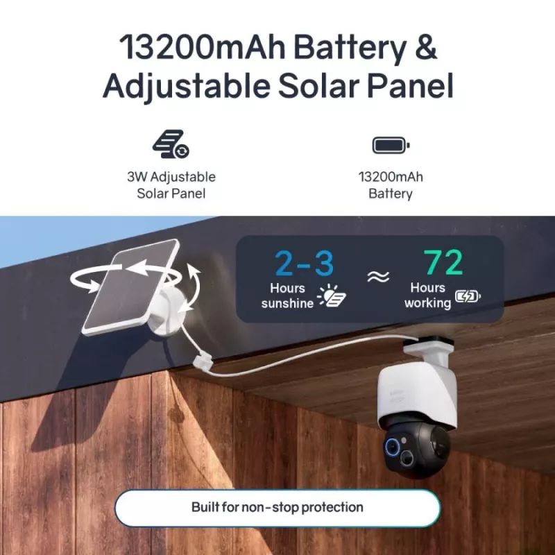 Safemo ST1 SolarCam 4K UHD vaizdo įrašas, 8x priartinimas, 132° vaizdas, naktinis matymas, „Wi-Fi“ 2,4 GHz, 3 W saulės, balta