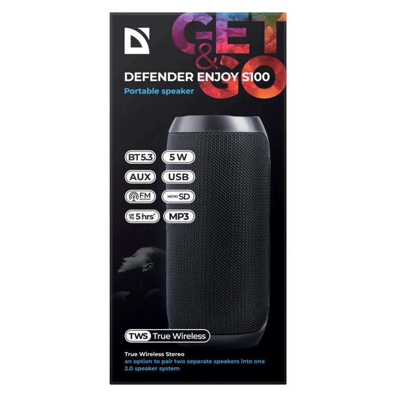 Nešiojamasis Bluetooth garsiakalbis DEFENDER ENJOY S100 — 10 W, Bluetooth 5.3, 5 val. baterija, LED apšvietimas, įmontuotas mikrofonas