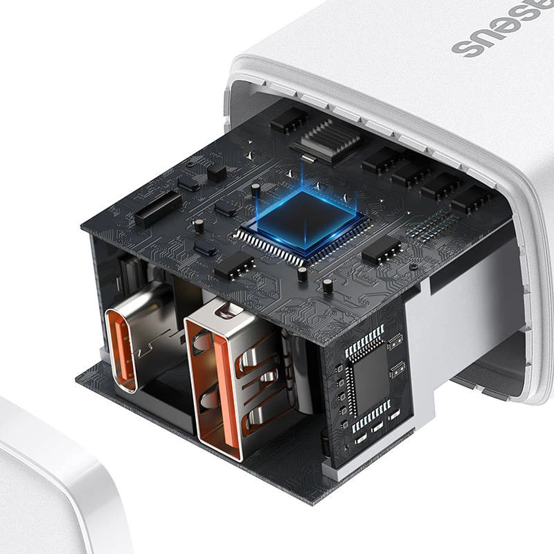 Sieninis įkroviklis Baseus Compact 1x USB-A + 1x USB-C 3A, kompaktiškas kelioninis adapteris