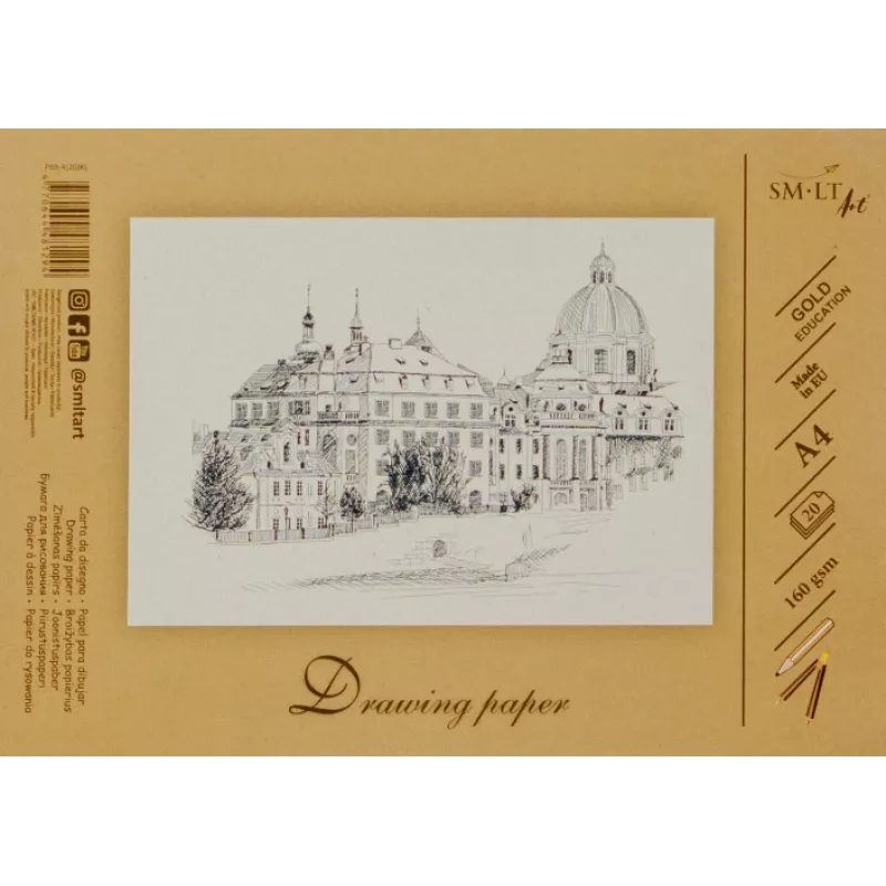 Piešimo ir eskizavimo popierius SMLT A4, 160 g/m², 20 lapų, klijuotas