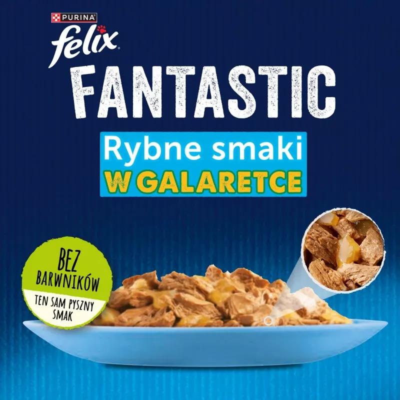 Šlapias kačių maistas Purina Nestlé FELIX Fantastic žuvies skoniai — tunas, lašiša, menkė, plekšnė, 12×85 g paketėliai