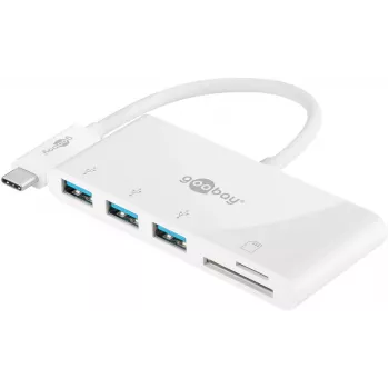 Goobay USB-C™ daugiafunkcis adapteris kortelių skaitytuvas, baltas, 0,15 m – išplečia USB-C™ įrenginį trimis USB 3.0 prievadais ir kortelių lizdu SD/MMC bei „Micro SD“ kortelėms (62097)