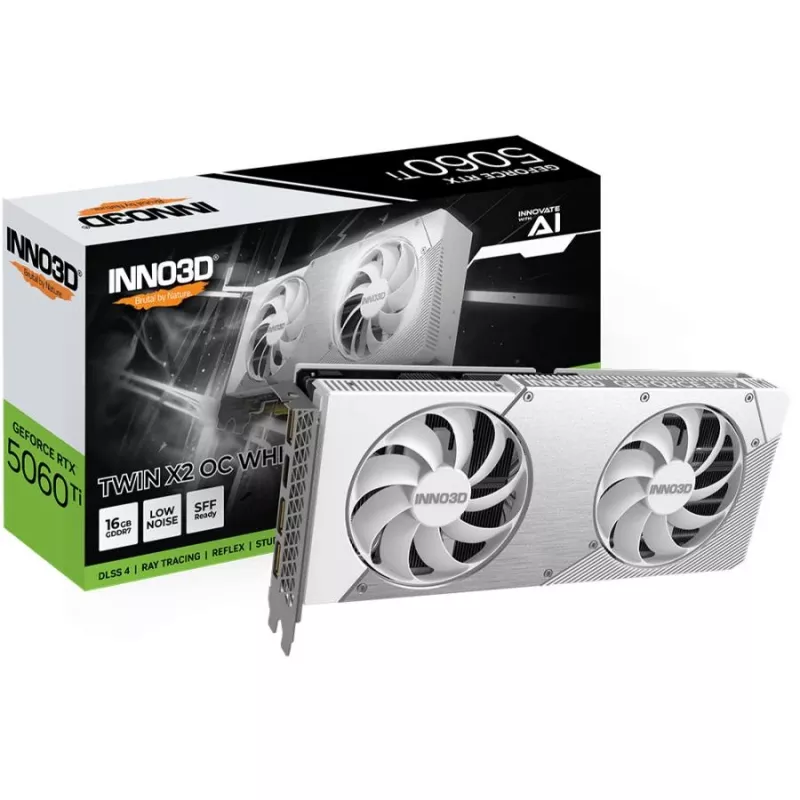 Vaizdo plokštė Inno3D GeForce RTX 5060 Ti — 16 GB GDDR7, PCIe 5.0, 448 GB/s, 250 mm, 2 lizdų, balta