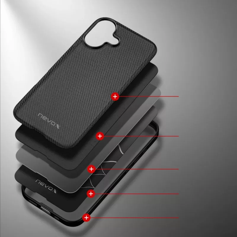 Apsauginis telefono dėklas Nevox StyleShell NYLO, skirtas iPhone 17, 6,3 colio, juodas