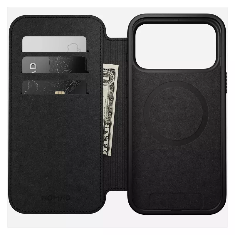 Mobiliojo telefono dėklas Nomad Modern Leather Folio, skirtas iPhone 17 Pro Max — ruda, tinka iki 17,5 cm (6,9 col.) ekranui, 4 kortelių kišenės