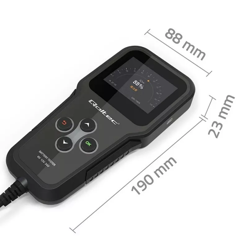 Qoltec 52489 Skaitmeninis akumuliatoriaus analizatorius 3 viename su LCD ir keliomis kalbomis 6V | 12V | 24V | 30Ah-200Ah