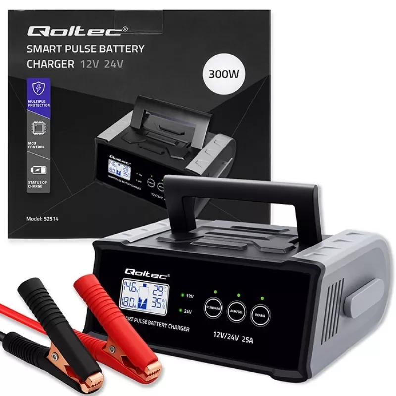Baterijų įkroviklis QOLTEC 52514 — 12V/24V, 25A, AGM/GEL/SLA baterijoms su LCD ekranu