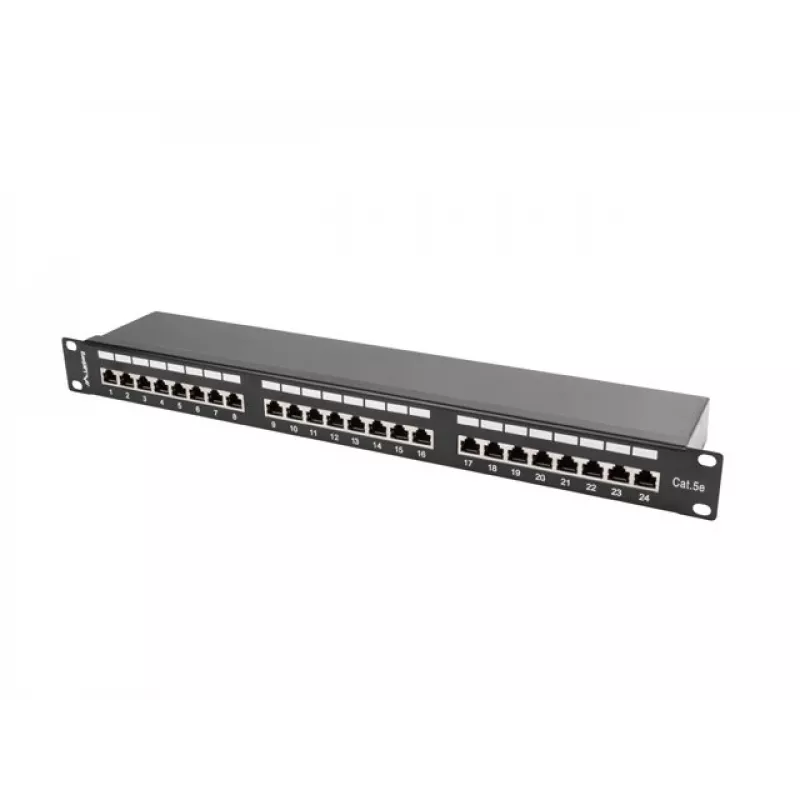 Pataisų skydelis 1U LANBERG PPS5-1024-B — 24 prievadų RJ-45 Cat5, metalinis, juodas, montavimas į stovą