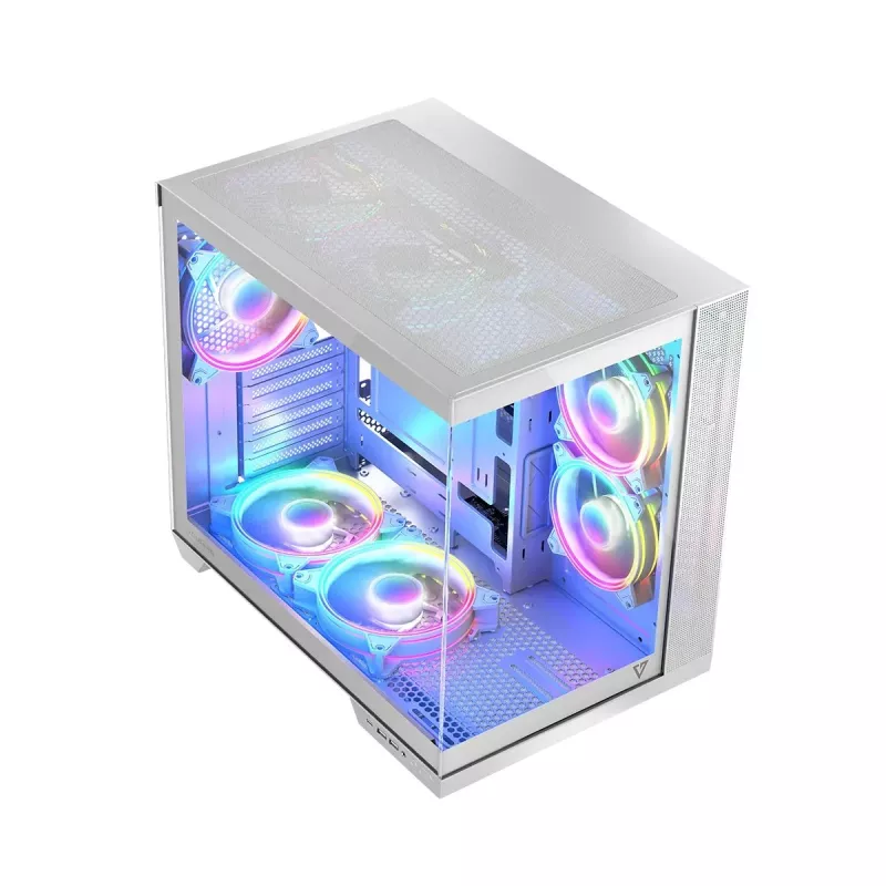 PC korpusas MODECOM Volcano Panorama Midi Tower baltas — micro ATX, grūdintas stiklas, ARGB, USB-C, palaiko GPU iki 400 mm
