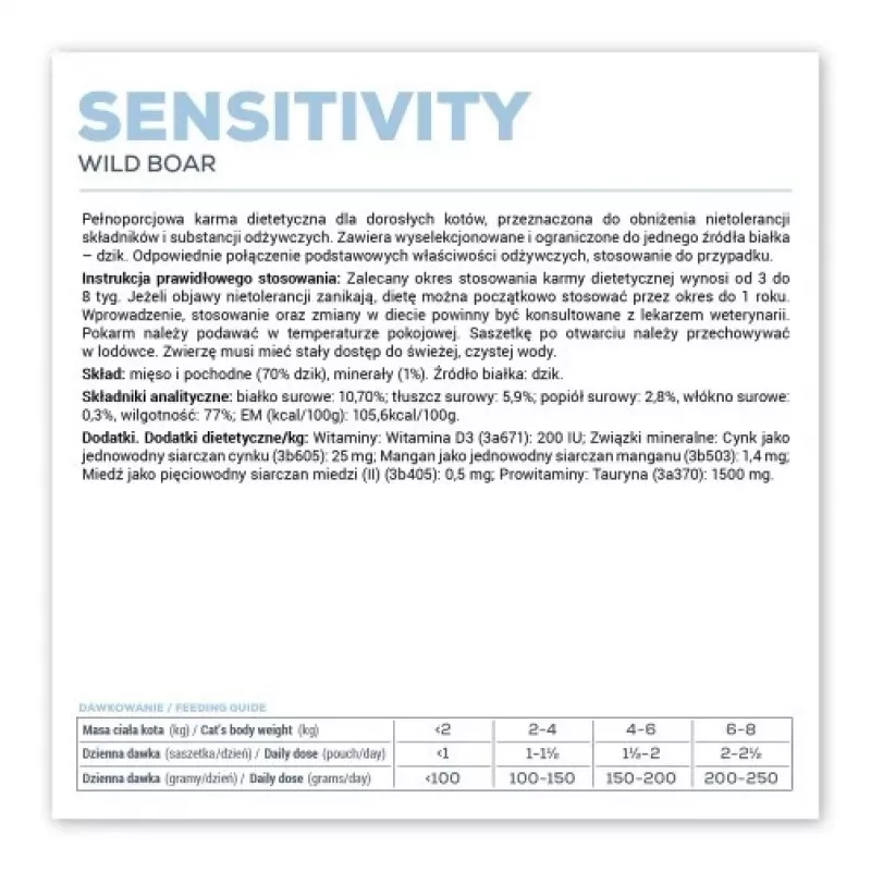 Šlapias kačių maistas VETEXPERT Veterinary Diet Sensitivity pakelis 100 g — šerniena, be grūdų, suaugusioms katėms